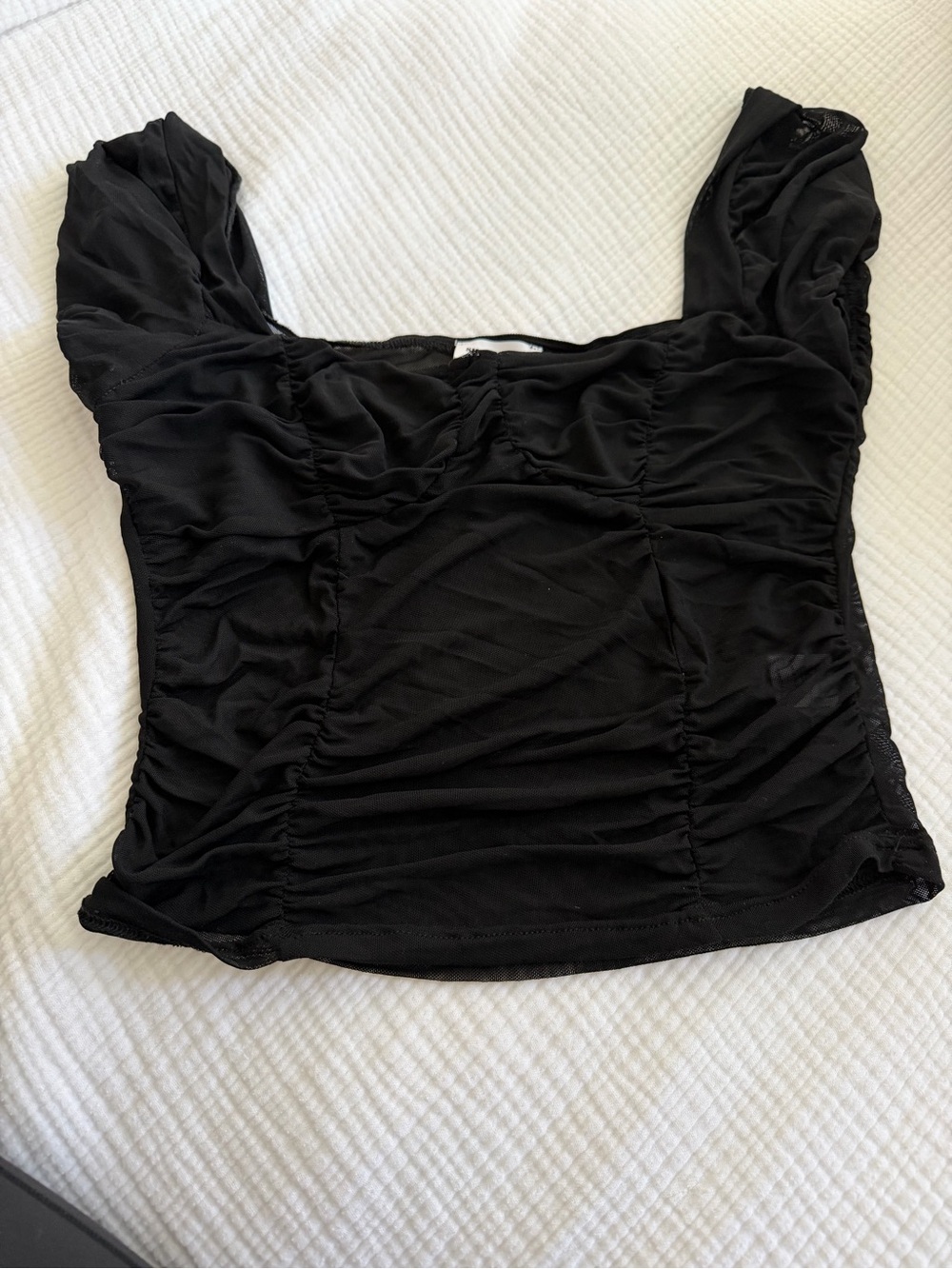 Superdown Sheer Ruched Black Square-Neck Women's Top - Picture 3 of 3